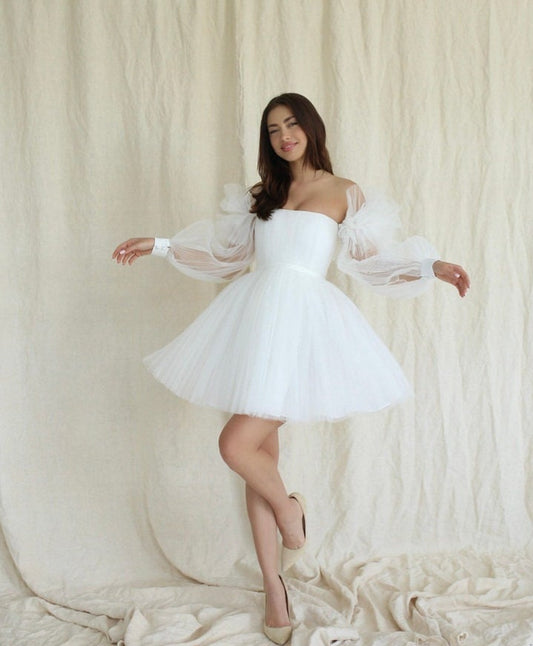 Above The Knee Tulle Sleeveless Dress With Detached Plisse Tulle Frill Sleeves