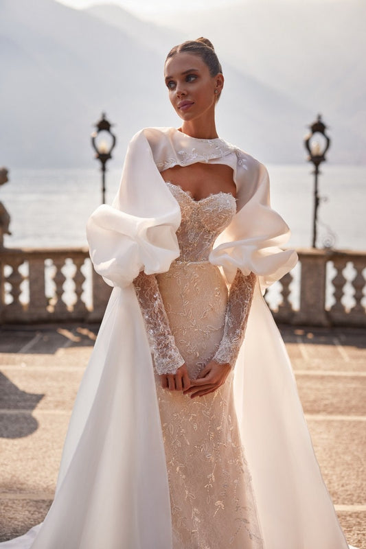 Satin Sequinned Floral Vine Appliqué Open Back Bolero Cape