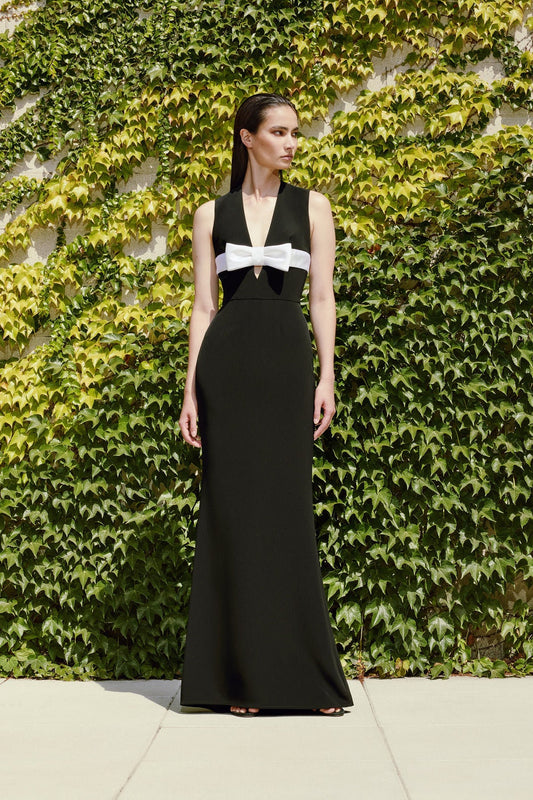 Sleeveless Deep V Across The Bodice Bow Knot  Detail Floor Length Dress