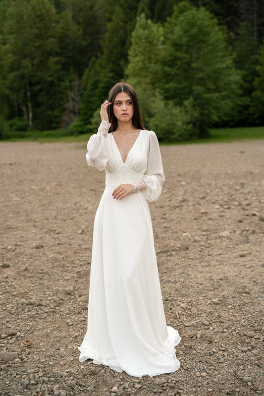 Beautiful  And Simple Lace Beaded Deep V Neck Minimalist Floor Length Gown