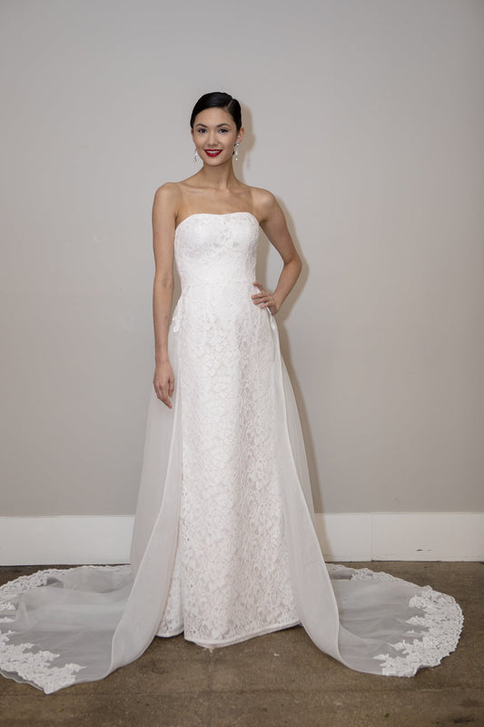 Strapless Boat Neck Floral Form Fitting Gown With Detachable Train