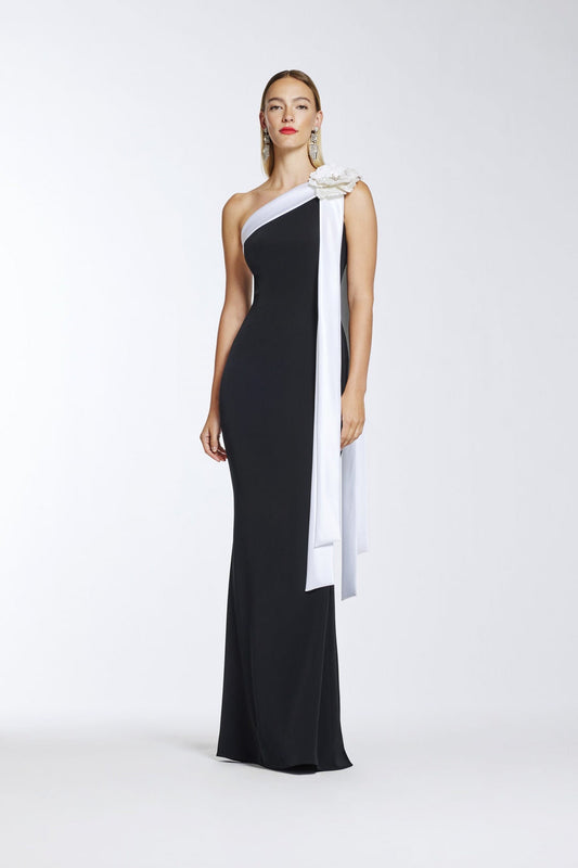 Sleeveless Column Fitted 2 Tone Dress With Elongated Flower Detail