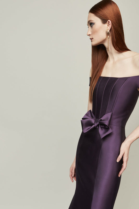 Dramatic Classic Square Off The Shoulder Neckline Mermaid Gown With Bow Knot Waist Adornmen
