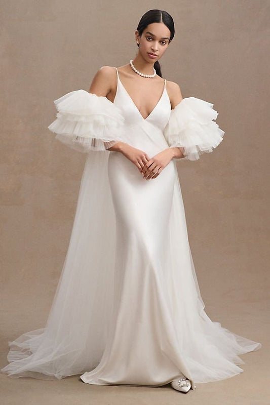Beautifully Layered And Ruffled Plisse Tulle Puffy Cloud Sleeve Bridal/Special Occasion Cape