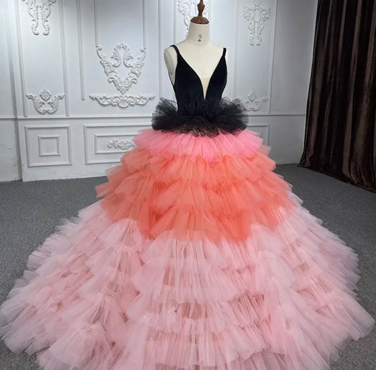 Black And  Pink Ombre Tiered Ruffled Tulle Deep V Sweetheart Quinceañera Special Occasion Pageant Party Event Gala Gown