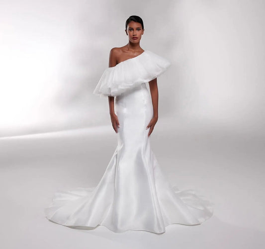 Mikado Asymmetric Off The Shoulder Layered Tulle Fit & Flare Mermaid Bridal Gown