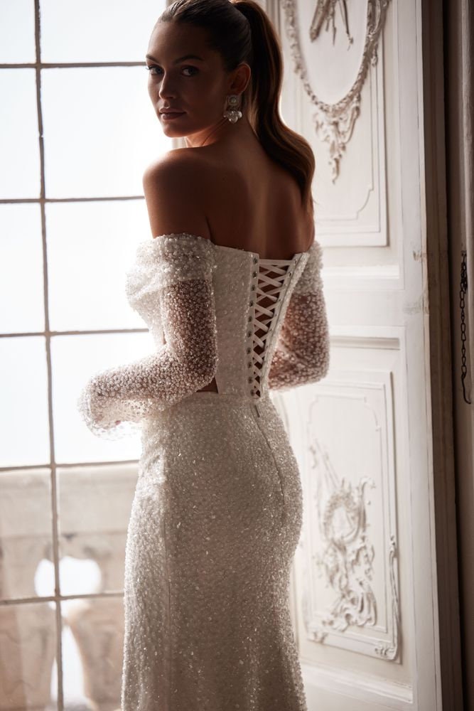 Sexy Shimmering Off The Shoulder Cut Out Side Bodice With Cross Over High Split Hem Gown