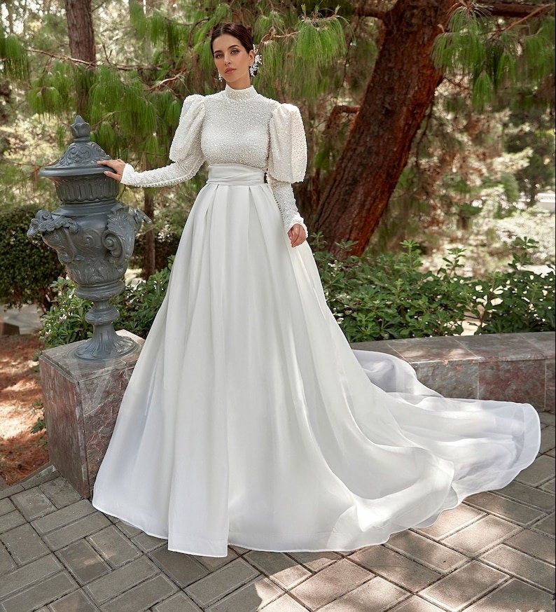 Modest High Neck Long Sleeve Victorian Style Sequin Bodice With Satin A-Line Gown