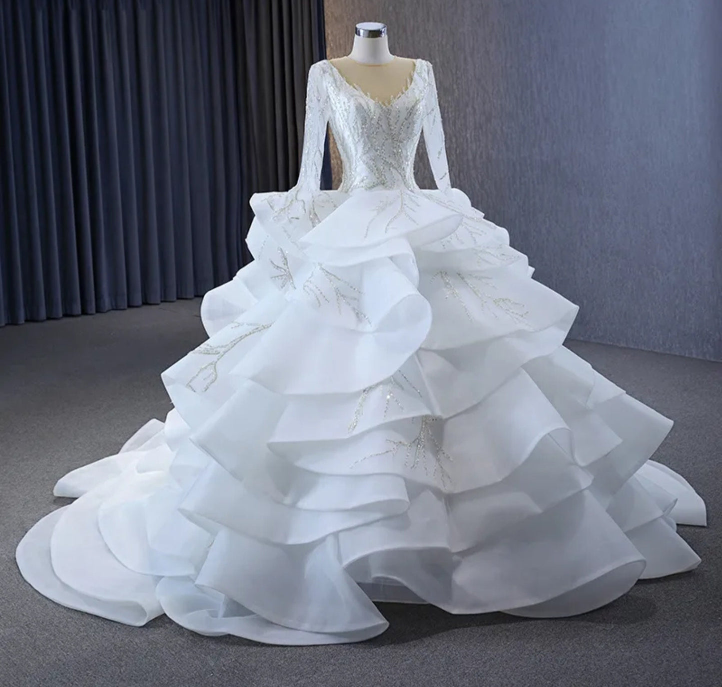 Long Sleeve Illusion V Neck Layered Sequin Organza Princess Bride Gown