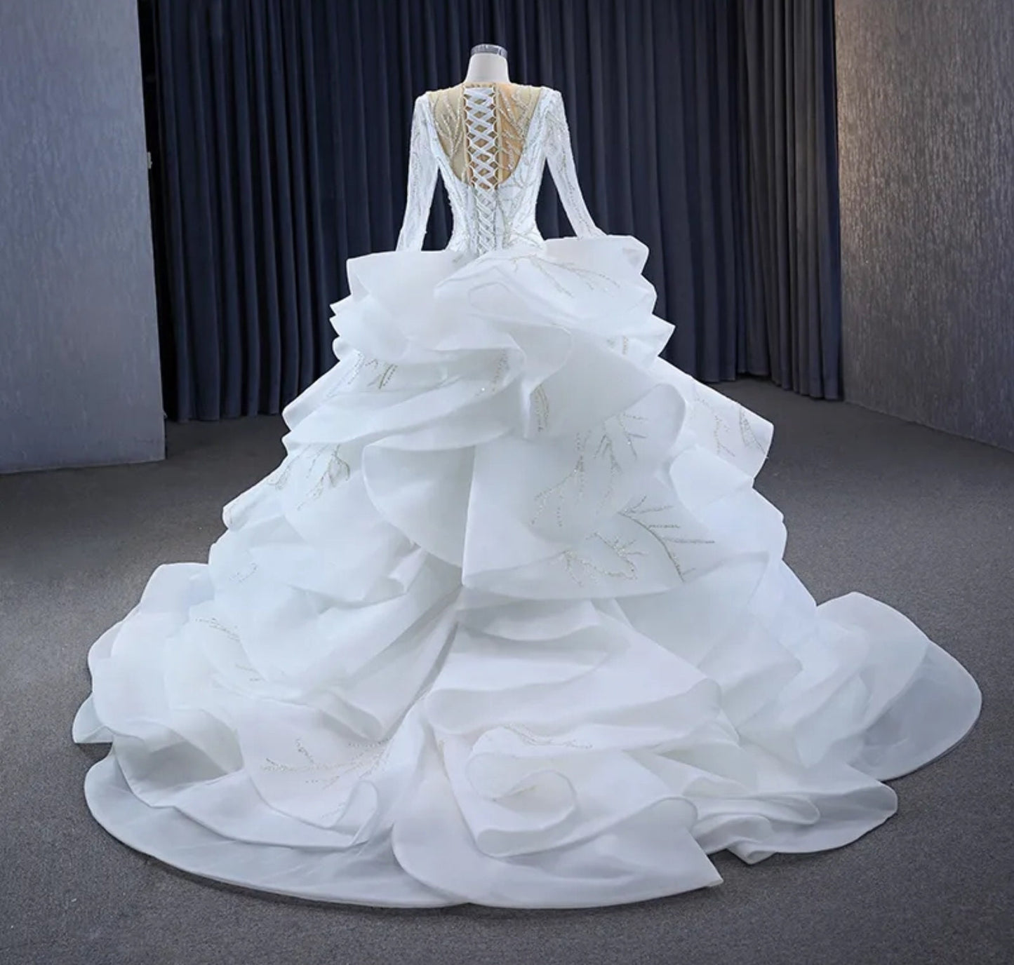 Long Sleeve Illusion V Neck Layered Sequin Organza Princess Bride Gown