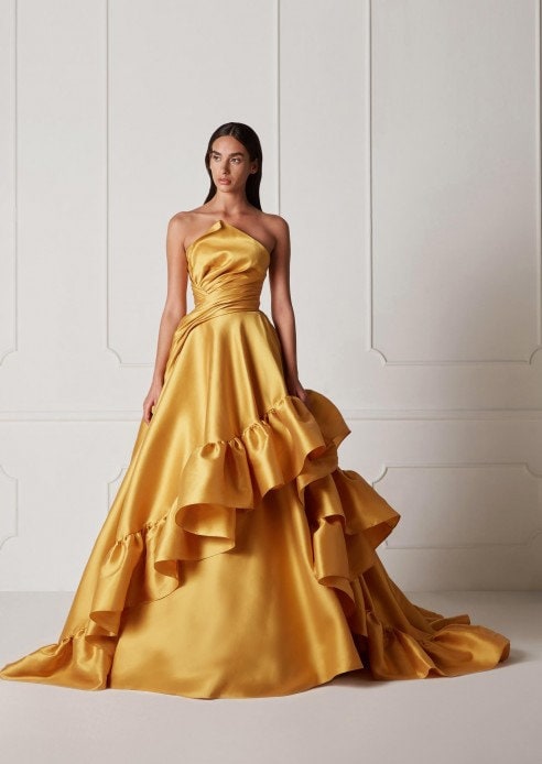 Taffeta Asymmetrical Pleated & Ruffled Strapless Irregular Neckline Special Occasion Event Gown