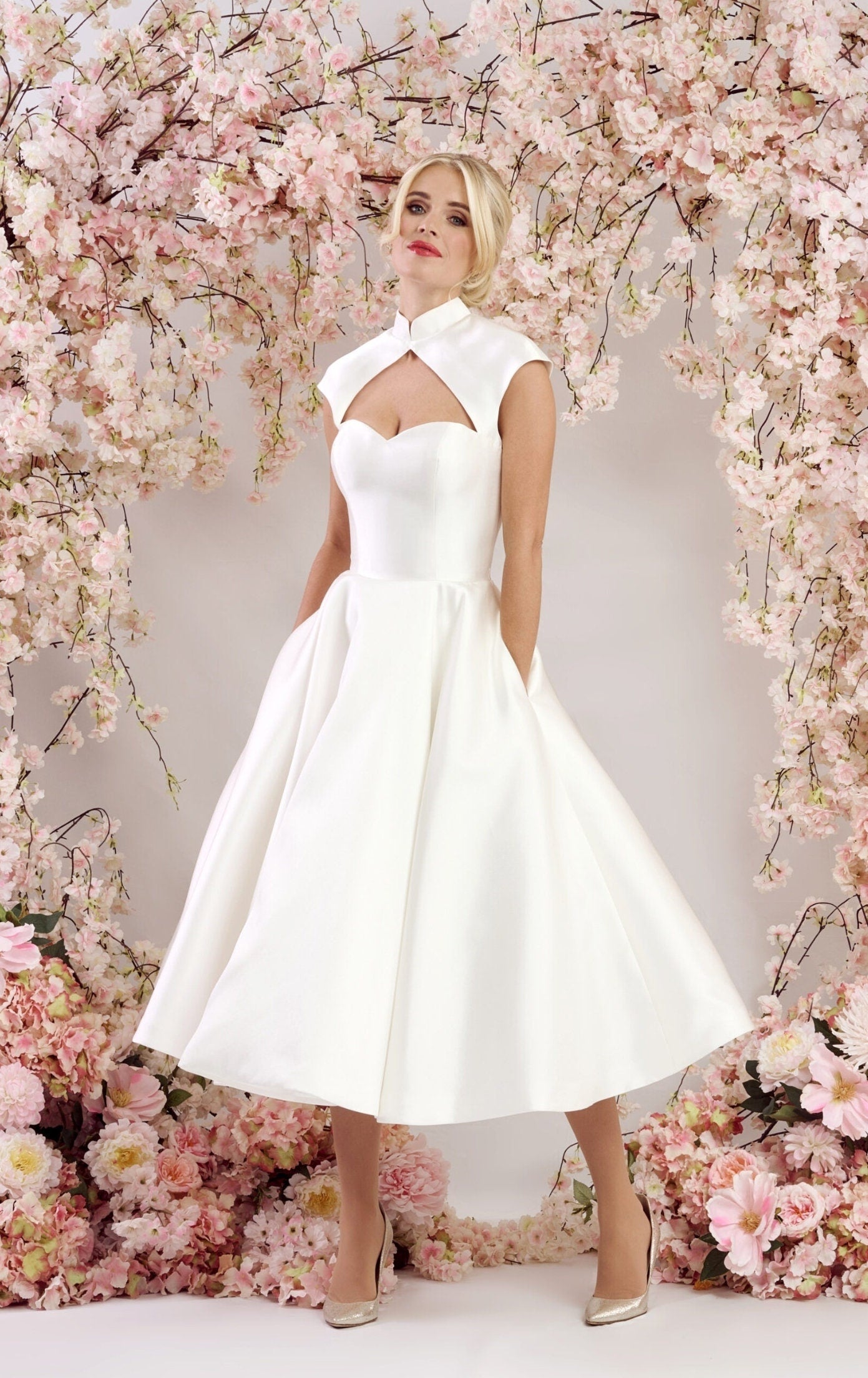 Mid Neck Halter Sweetheart Sleeveless Tea Length 50's/60's Era Style Wedding Special Occasion Dress