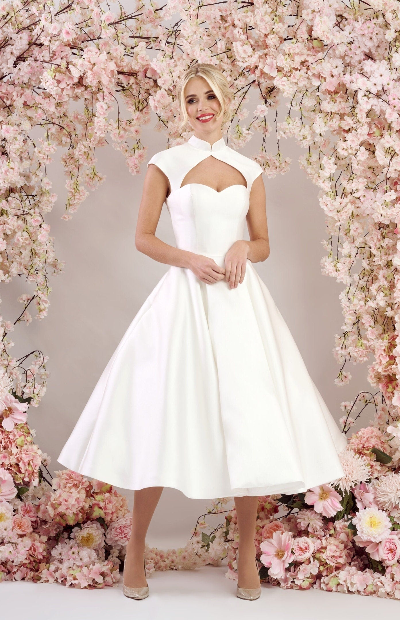 Mid Neck Halter Sweetheart Sleeveless Tea Length 50's/60's Era Style Wedding Special Occasion Dress