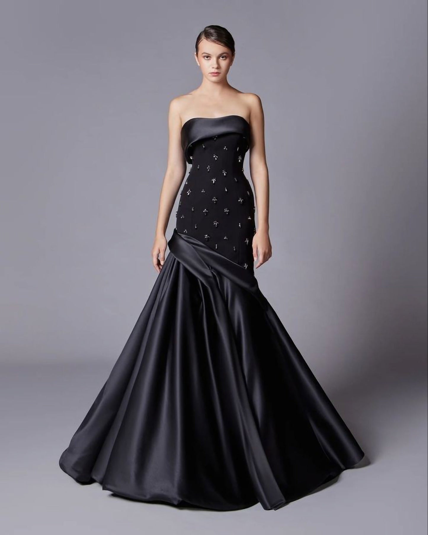 Strapless Embellished Fit & Flare Pleated Gown