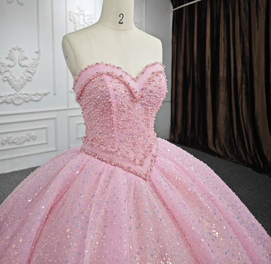 Pretty In Pink Beaded And Sequin Sweetheart Quinceañera Special Occasion Pageant Gala Party Event Gown