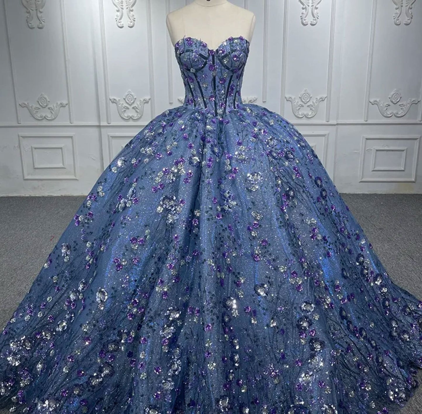 Floral Sequinned Shimmering Blues And Purples Corset Bodice Sweetheart Lace Up Back Enclosure Quinceañera Special Occasion Pageant Gown