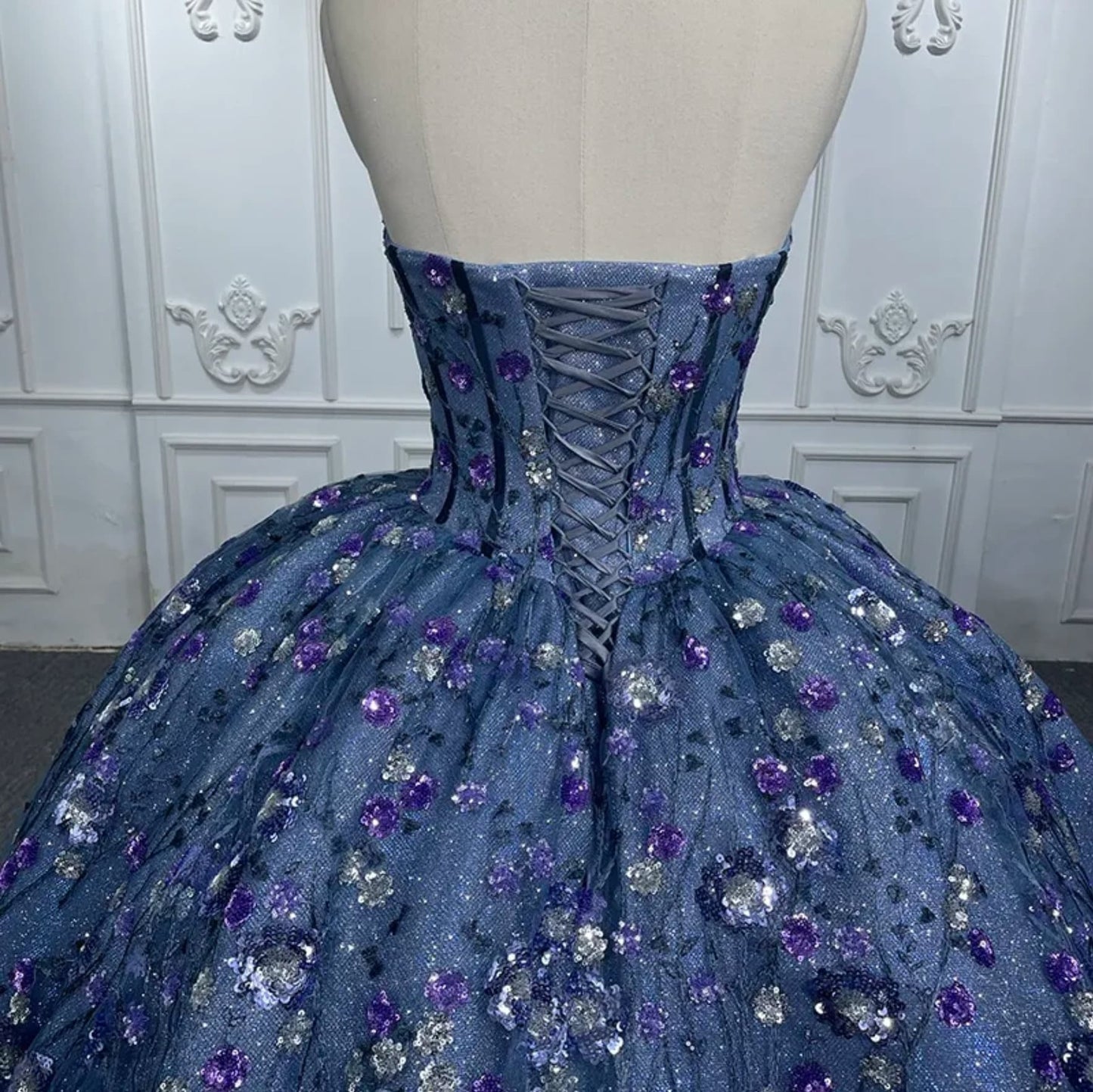 Floral Sequinned Shimmering Blues And Purples Corset Bodice Sweetheart Lace Up Back Enclosure Quinceañera Special Occasion Pageant Gown