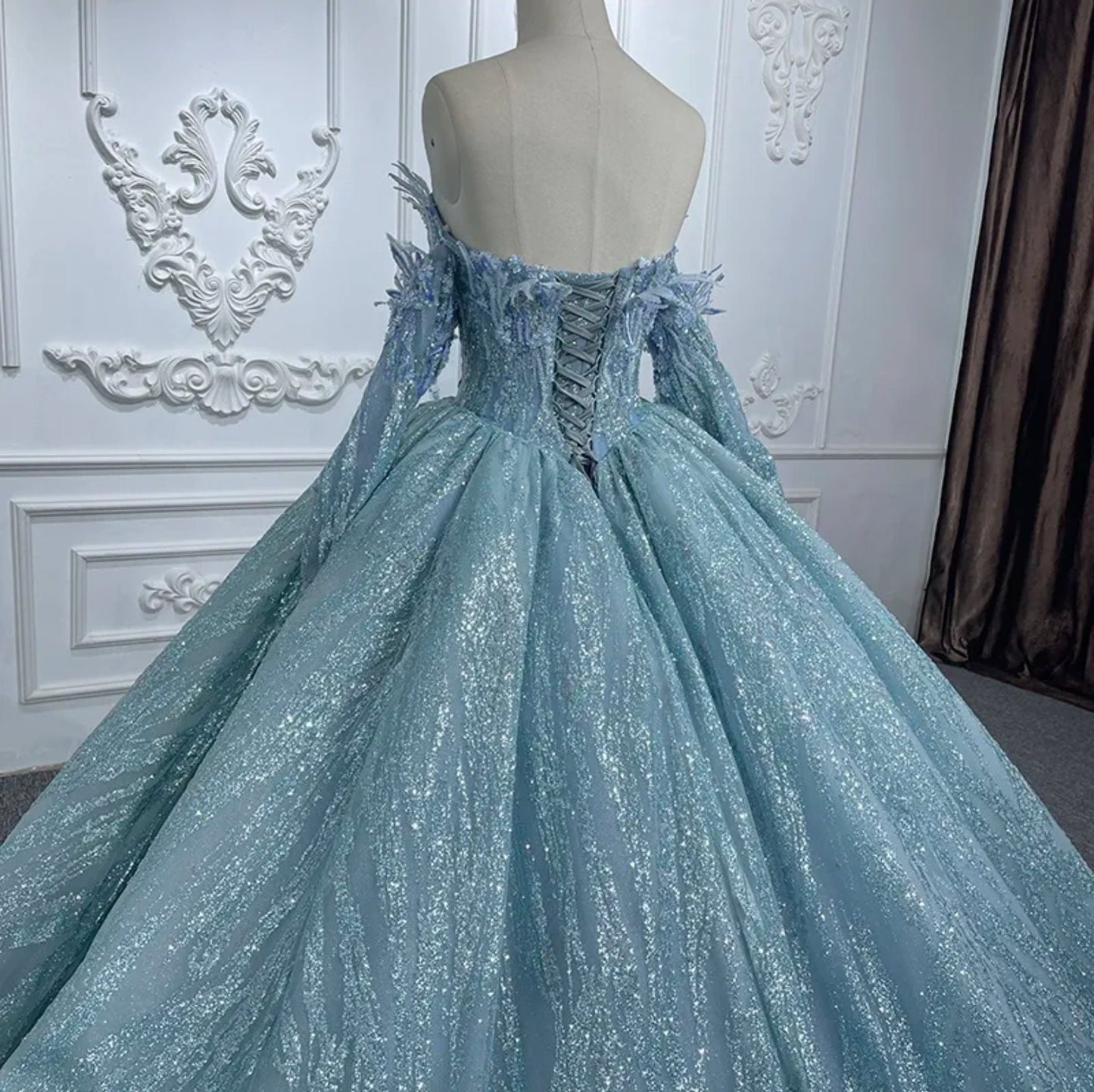 Ice Princess Strapless Floral Sweetheart Shimmering Glitter Quinceañera Special Occasion Pageant  Event Gala Gown With Detached Sleeves