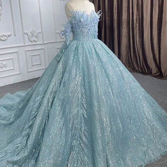 Ice Princess Strapless Floral Sweetheart Shimmering Glitter Quinceañera Special Occasion Pageant  Event Gala Gown With Detached Sleeves