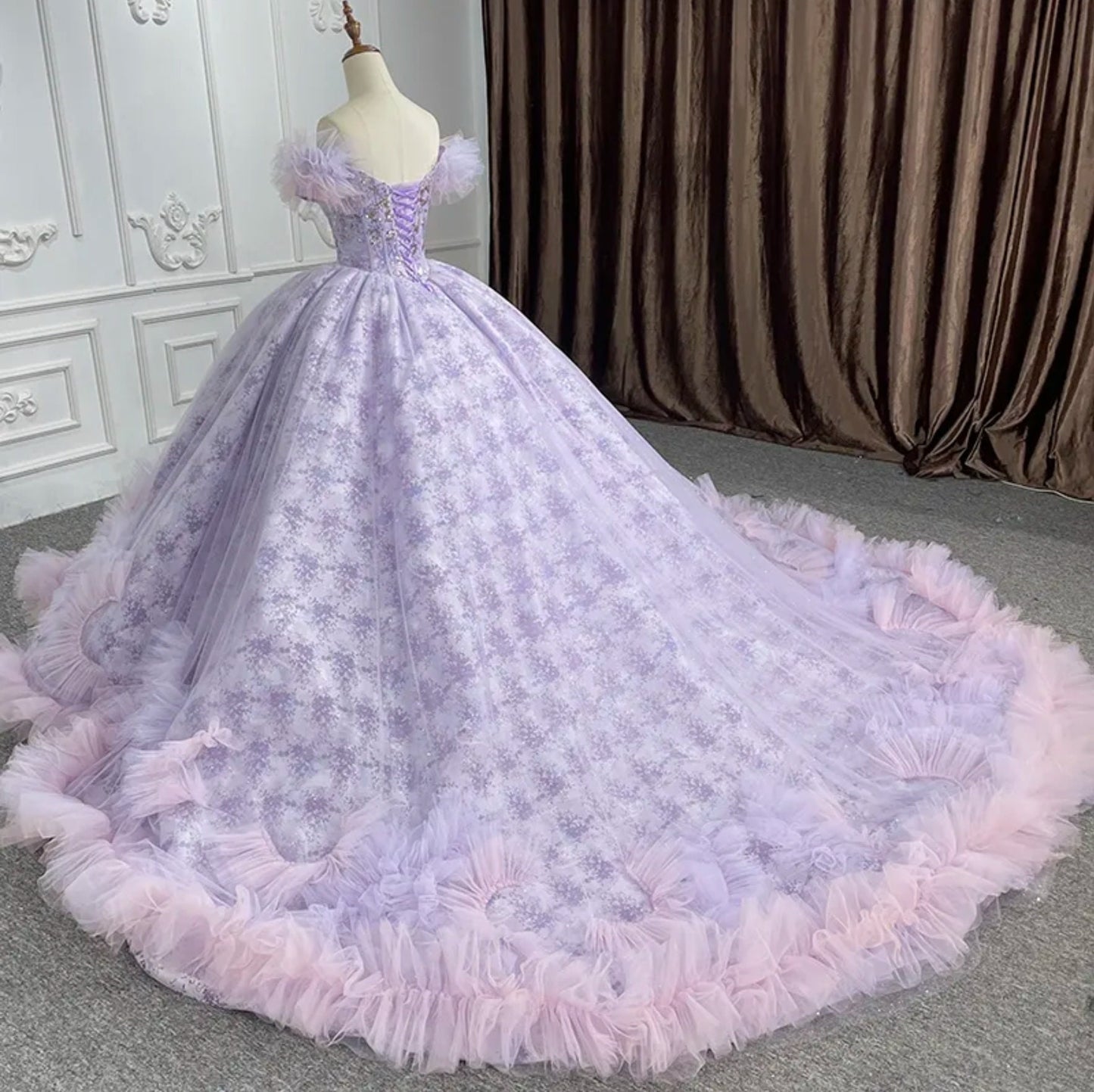 Purple And Pink Baby Doll Sweetheart Floral Lace Sequin Off The Shoulder Quinceañera Special Occasion Pageant Party Event Gown