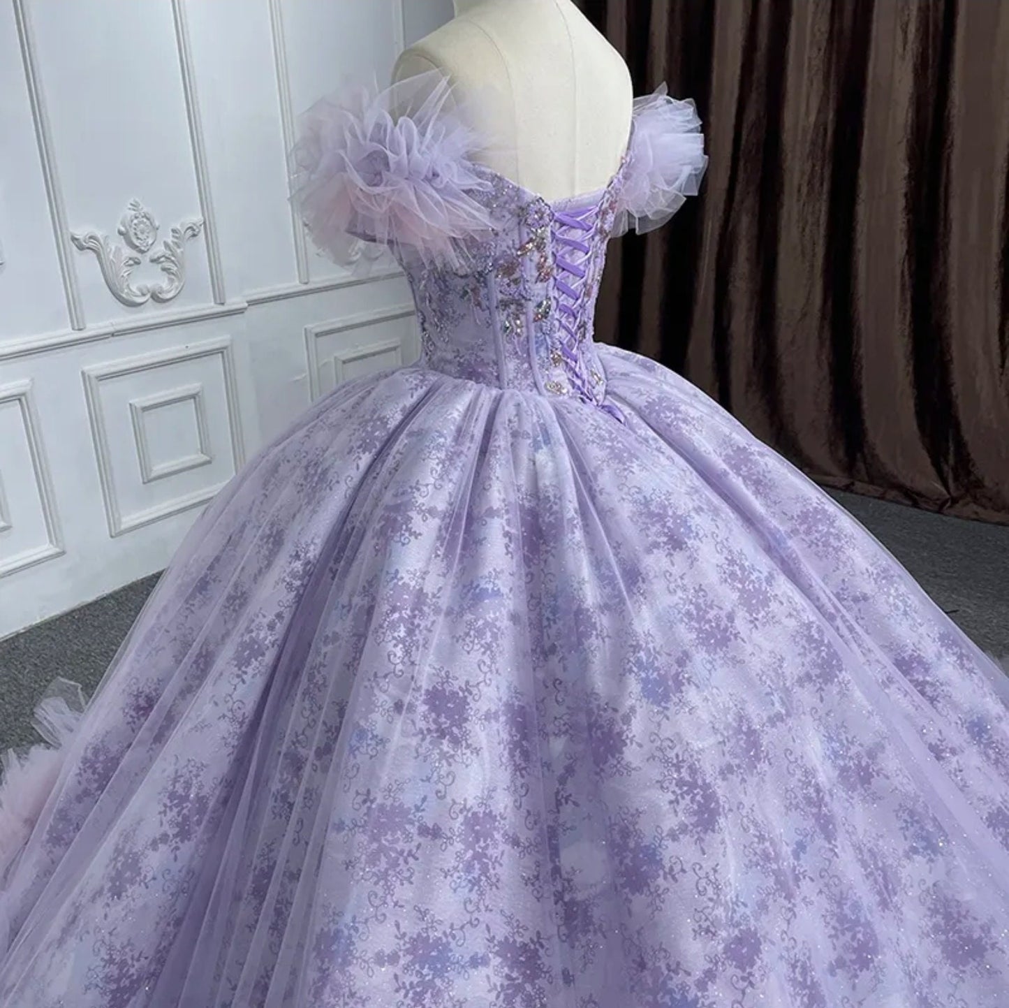 Purple And Pink Baby Doll Sweetheart Floral Lace Sequin Off The Shoulder Quinceañera Special Occasion Pageant Party Event Gown