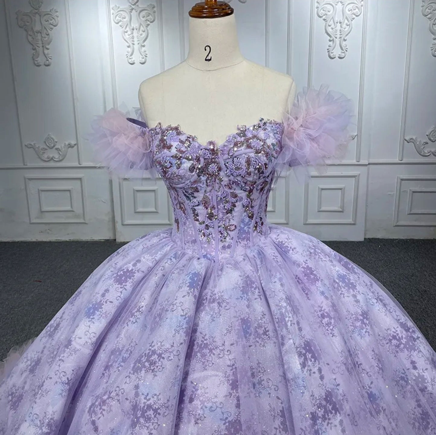 Purple And Pink Baby Doll Sweetheart Floral Lace Sequin Off The Shoulder Quinceañera Special Occasion Pageant Party Event Gown