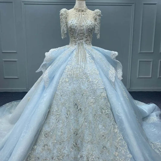 Victorian Era Blue Multifaceted And Pearl Beaded Half Sleeve Mid Neck Sweetheart Gown