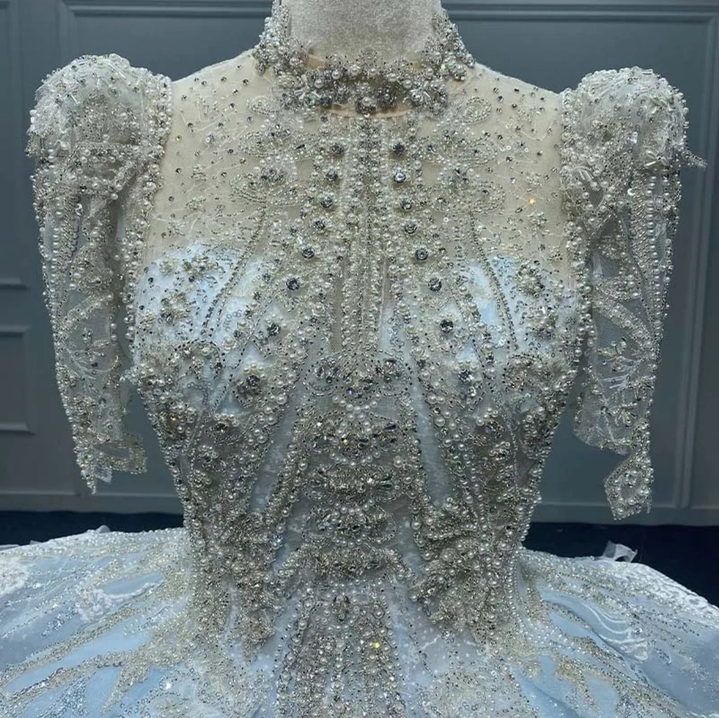 Victorian Era Blue Multifaceted And Pearl Beaded Half Sleeve Mid Neck Sweetheart Gown