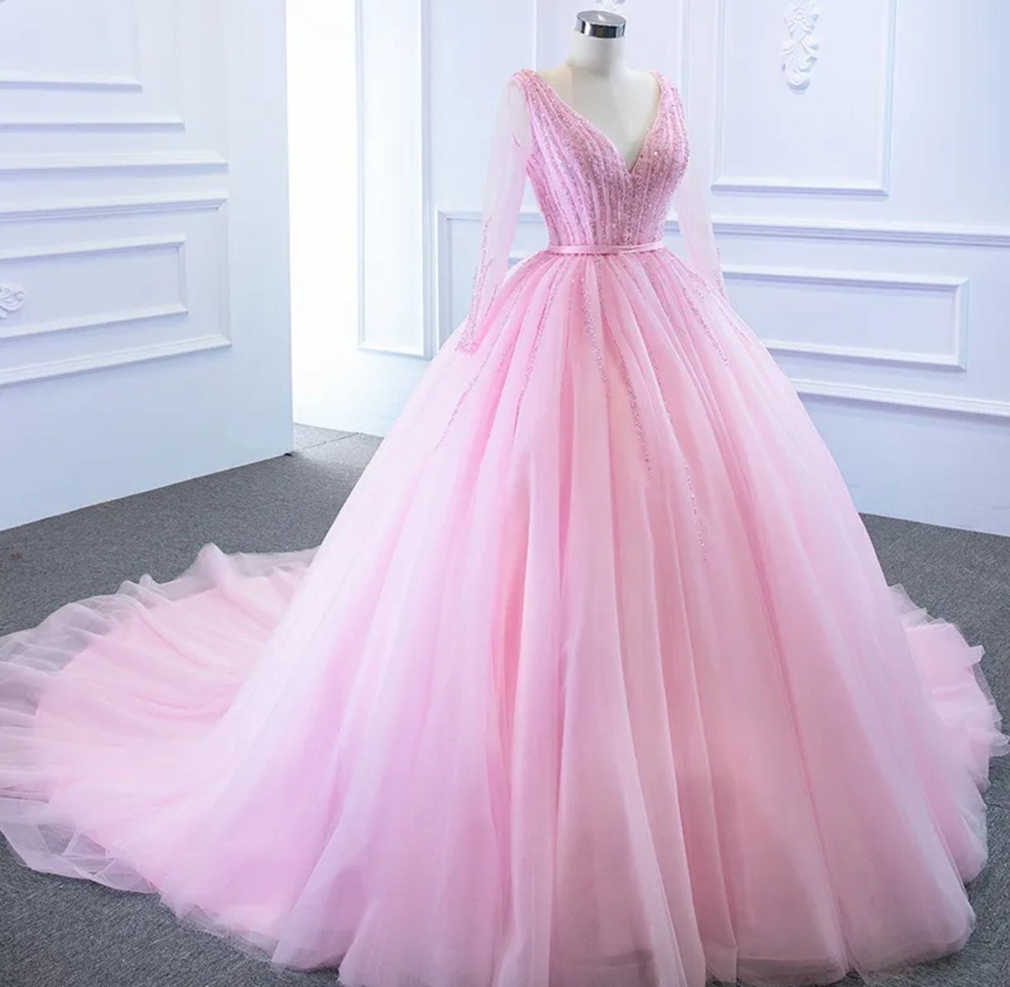 Princess Pink Sheer Long Sleeve Sequin Bodice A-Line Quinceañera Special Occasion Pageant Party Event Ball Gown