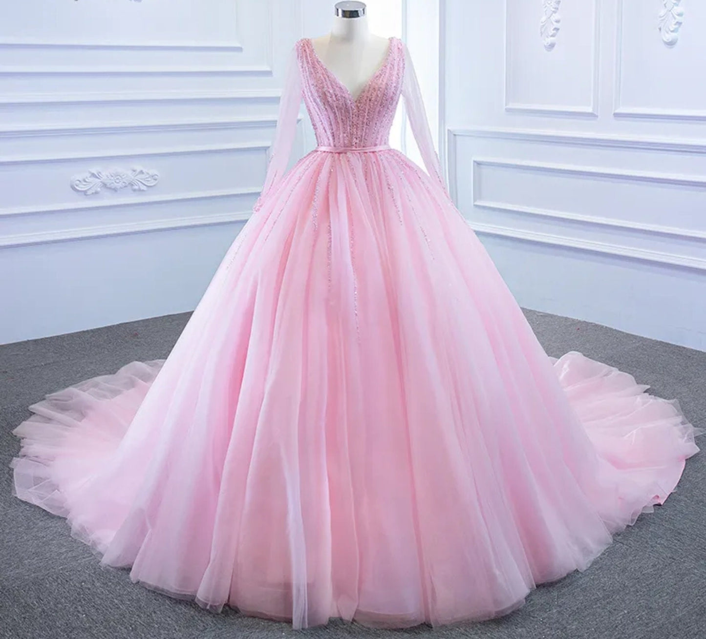 Princess Pink Sheer Long Sleeve Sequin Bodice A-Line Quinceañera Special Occasion Pageant Party Event Ball Gown