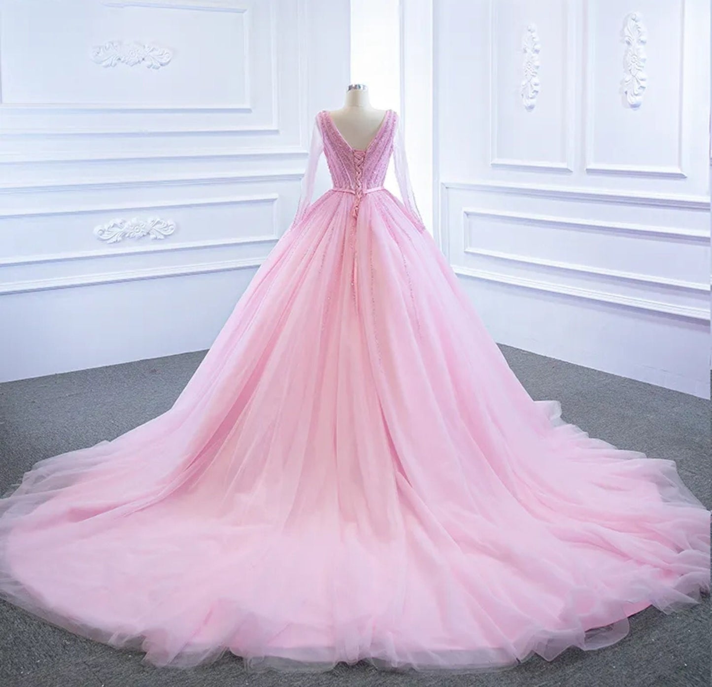 Princess Pink Sheer Long Sleeve Sequin Bodice A-Line Quinceañera Special Occasion Pageant Party Event Ball Gown