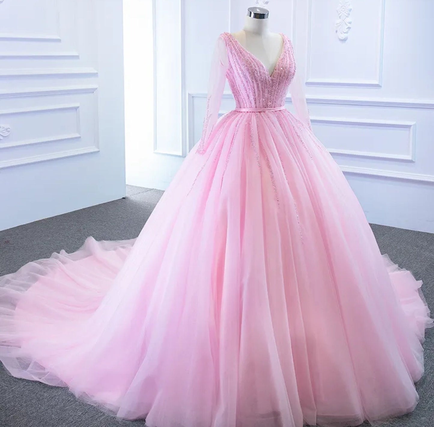 Princess Pink Sheer Long Sleeve Sequin Bodice A-Line Quinceañera Special Occasion Pageant Party Event Ball Gown