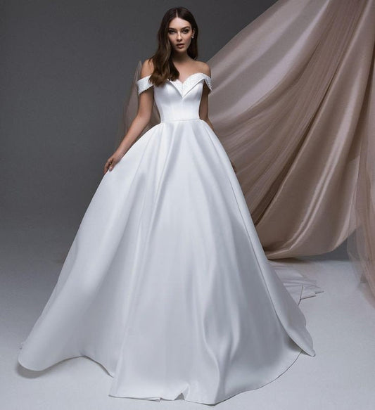 Scattered Crystal Beaded Curved V Neck Pleated Off The Shoulder Gown