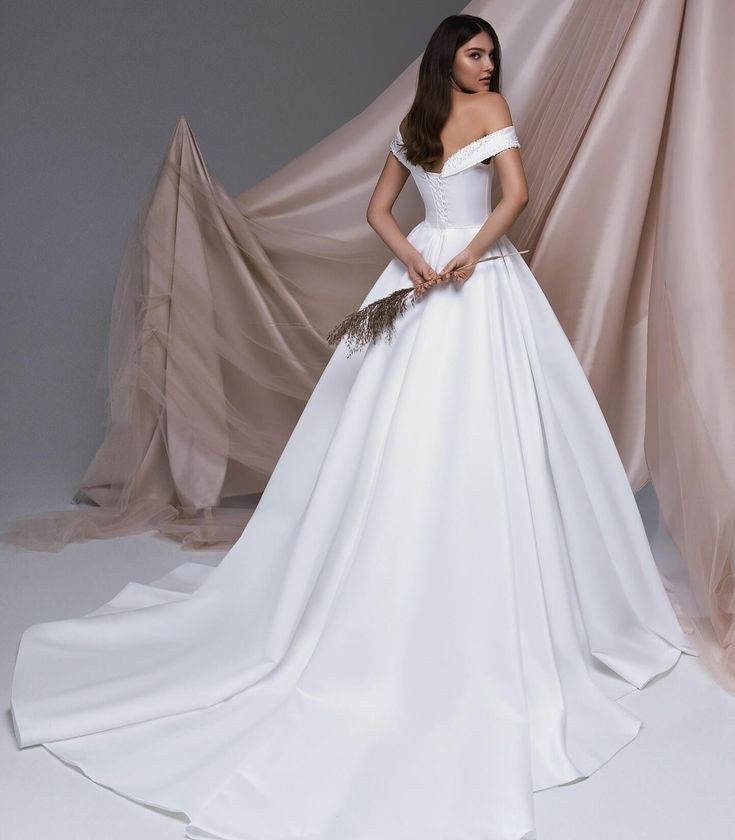 Scattered Crystal Beaded Curved V Neck Pleated Off The Shoulder Gown