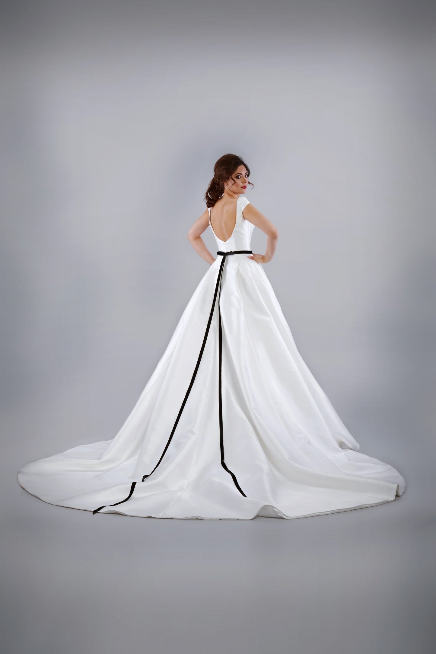 Dropped Waistline Cap Sleeve Sweetheart Pleated A-Line Gown With Trailing Black Belted Bow Knot Sash