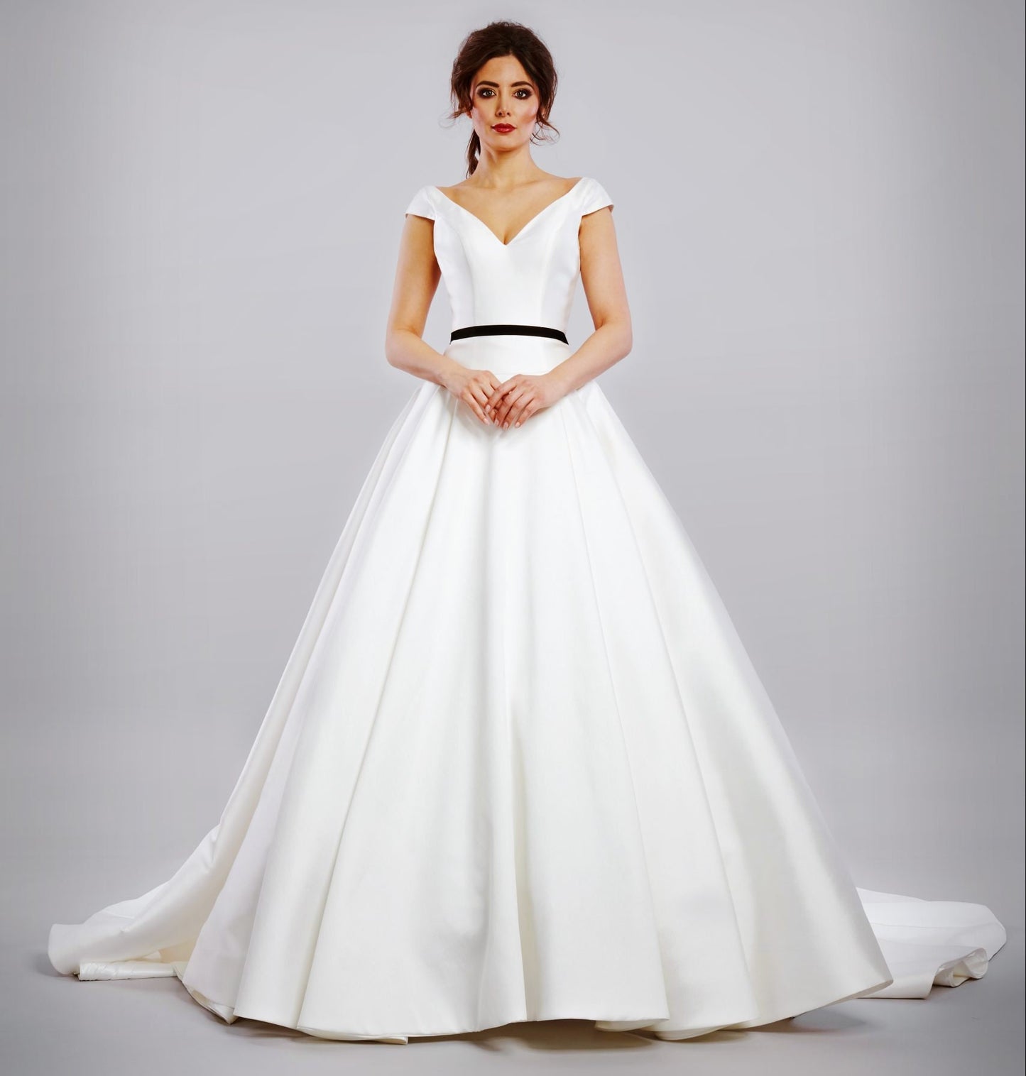 Dropped Waistline Cap Sleeve Sweetheart Pleated A-Line Gown With Trailing Black Belted Bow Knot Sash