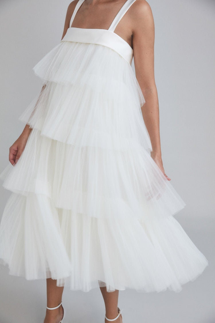 Sleeveless Multi Tiered Tulle Below The Knee Swing Dress