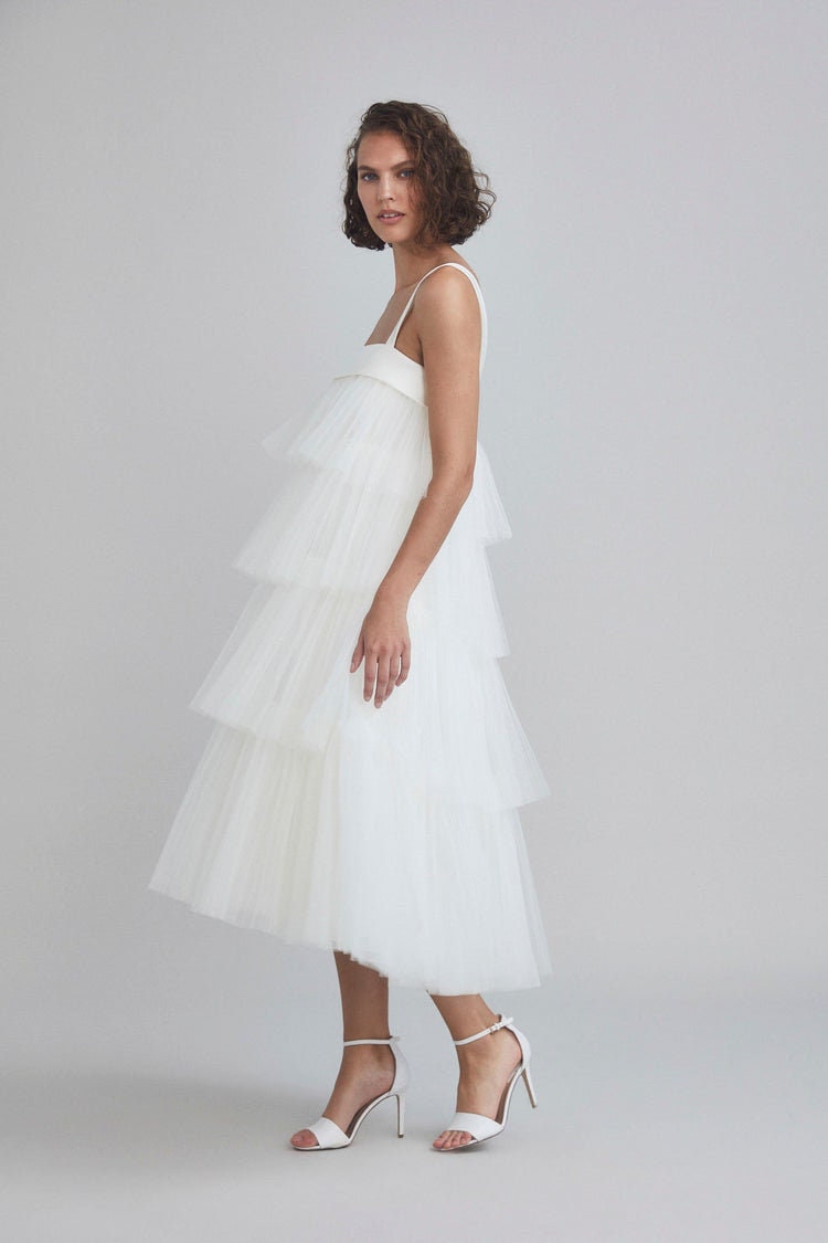 Sleeveless Multi Tiered Tulle Below The Knee Swing Dress