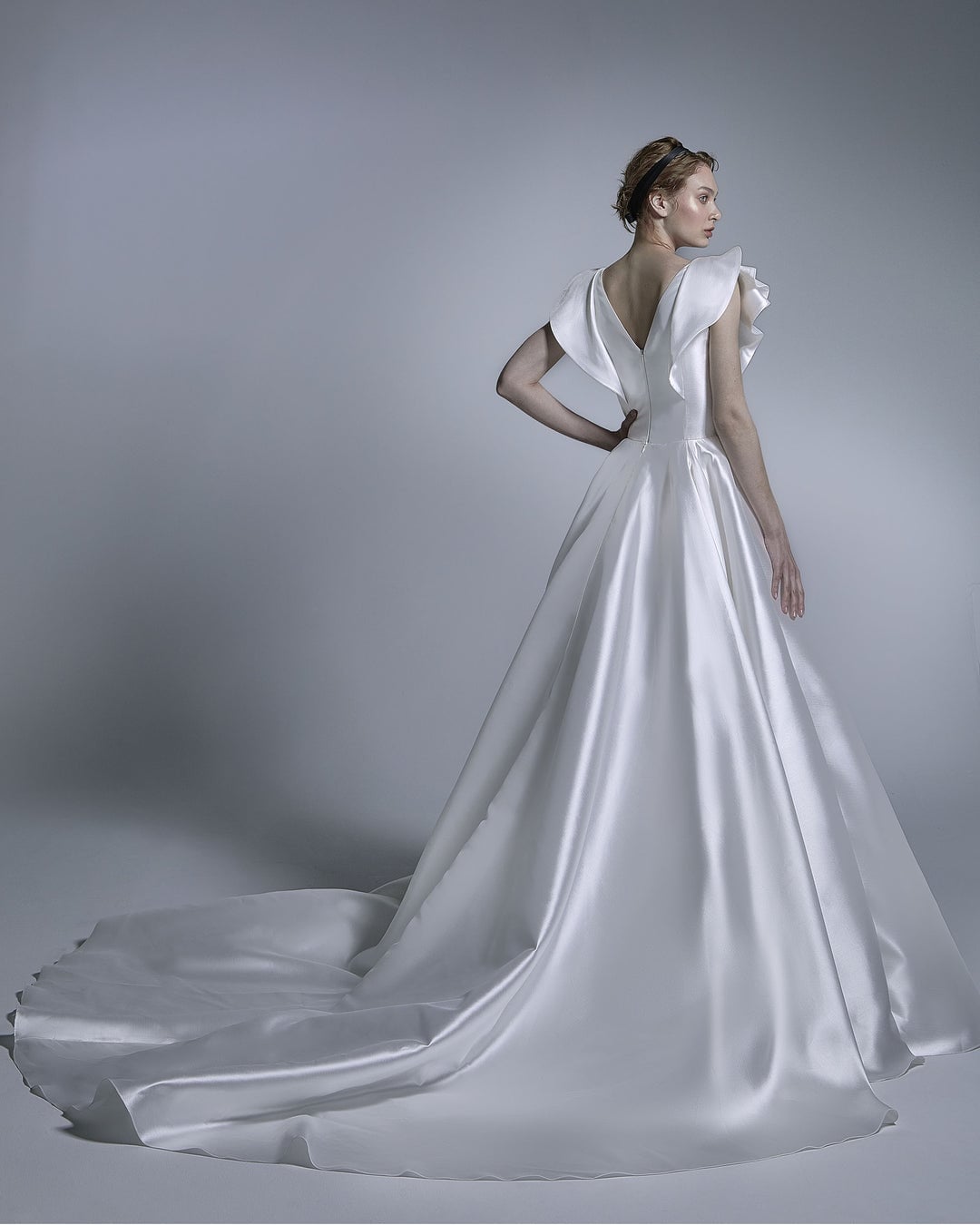 Deep V Illusion Minimalist Vintage Style Flutter Sleeve A-Line Gown With Side Flutter Detail