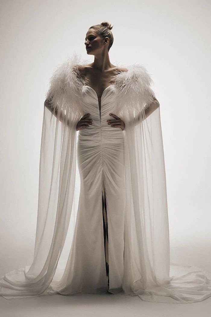 Strapless Sweetheart Pleated Ruched Center Split Hem Trumpet Gown With Feather Trim Cape