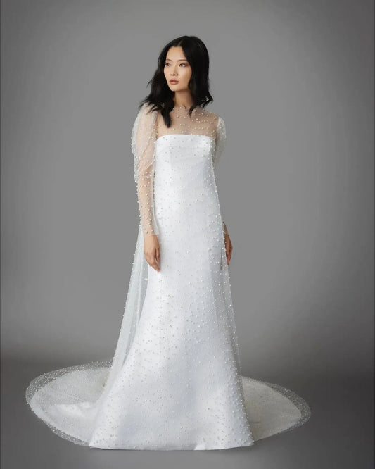 Strapless Boat Neck Satin Trumpet Gown With Long Sleeve Pearl Beaded Overlay