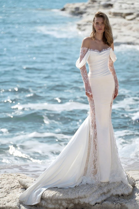 Off The Shoulder Satin Bodice With Floral Lace Underlay Trumpet Gown With Floral Lace Sides