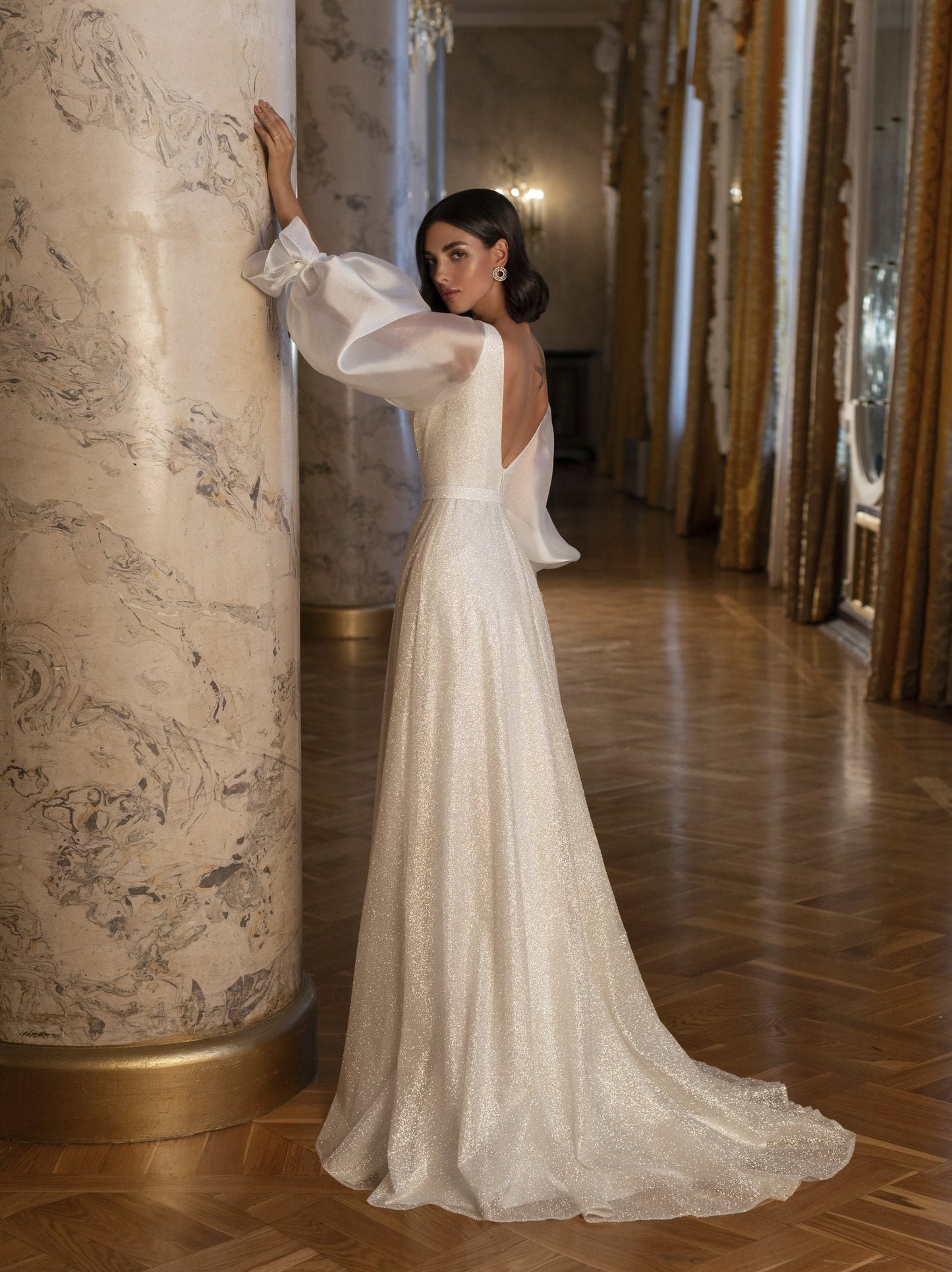 Beautiful Shimmering Deep V Neck Open Back Belted Waist Trumpet Gown With Sheek Bow Knot Sleeves