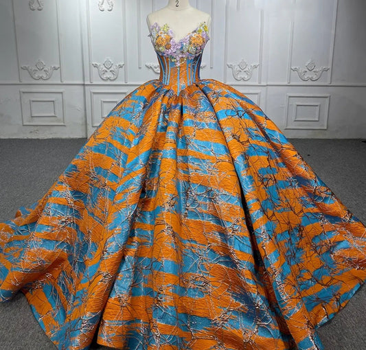 Uniquely Beautiful Orange And Blue Sweetheart Sequinned Satin Quinceañera Special Occasion Pageant Party Event Gown