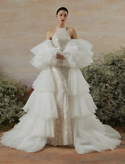 Detached Shimmering And Pearl Beaded Trim Layered Frill Sleeves With Tiered Shimmering  Cape