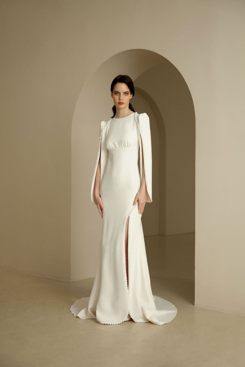 Split Long Sleeve Pleated Empire Bodice With Button Detail Trim Minimalist Gown