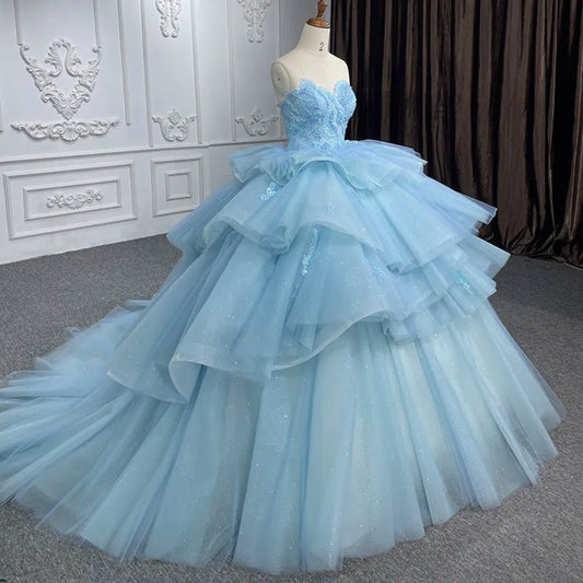 Princess Blue Scattered Floral Sequin Appliqué Shimmering Layered Quinceañera Special Occasion Pageant Party Event Gown