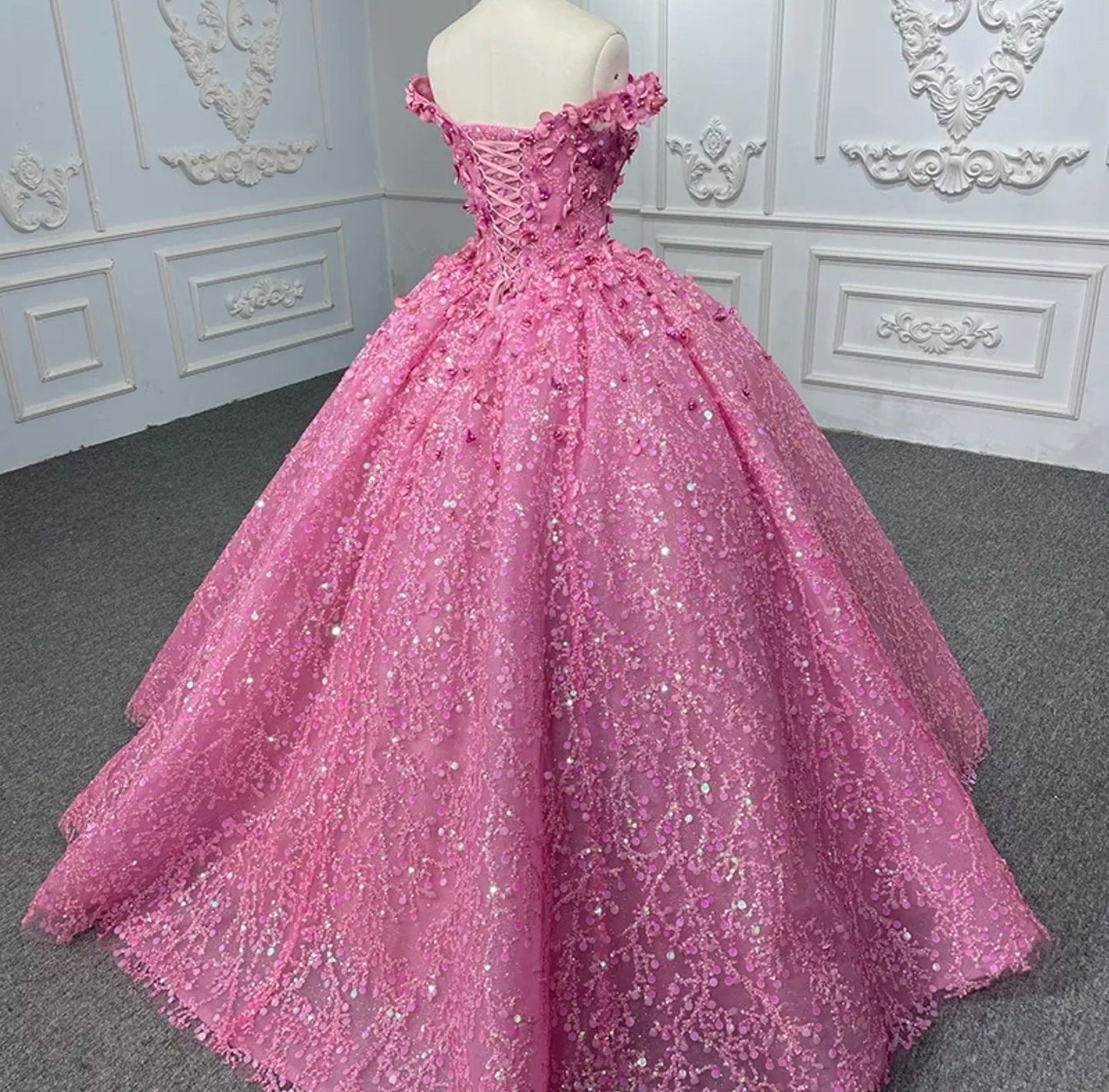 Pretty-N-Pink Organza Off The Shoulder Sweetheart Beaded Flower Petals And Sequins Quinceañera Special Occasion Pageant Party Event Gown