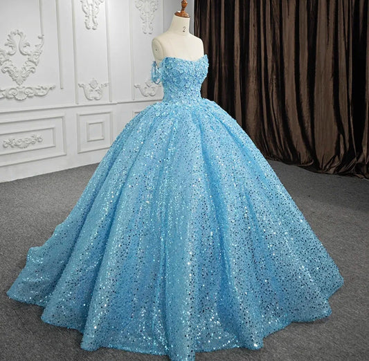 Off The Shoulder Multi Beaded 3D Floral Appliqué And Sequin Sweetheart Quinceañera Special Occasion Pageant Party Sweet Sixteen Gown