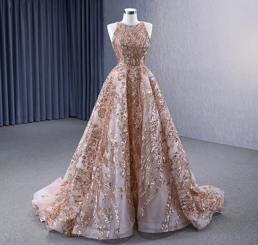 Timeless Rose Gold Sleeveless Halter Neck Floral Sequin Mother Of The Bride Engagement Party Special Occasion Bridal Shower Event Gown